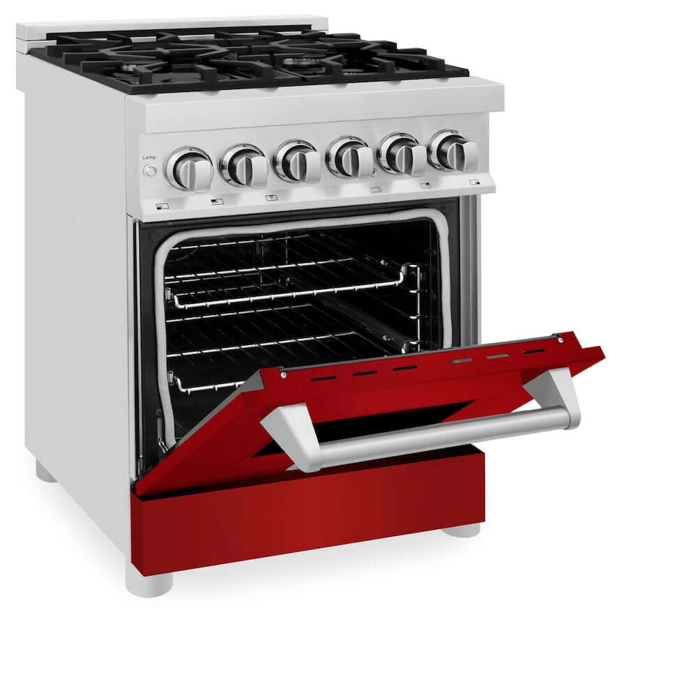 ZLINE 24 in. 2.8 cu. ft. Legacy Dual Fuel Range with 4 Burner Gas Cooktop and Electric Convection Oven in Stainless Steel and Red Gloss Door (RA-RG-24) side, oven half open.