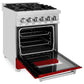 ZLINE 24 in. 2.8 cu. ft. Legacy Dual Fuel Range with 4 Burner Gas Cooktop and Electric Convection Oven in Stainless Steel and Red Gloss Door (RA-RG-24) side, oven open.