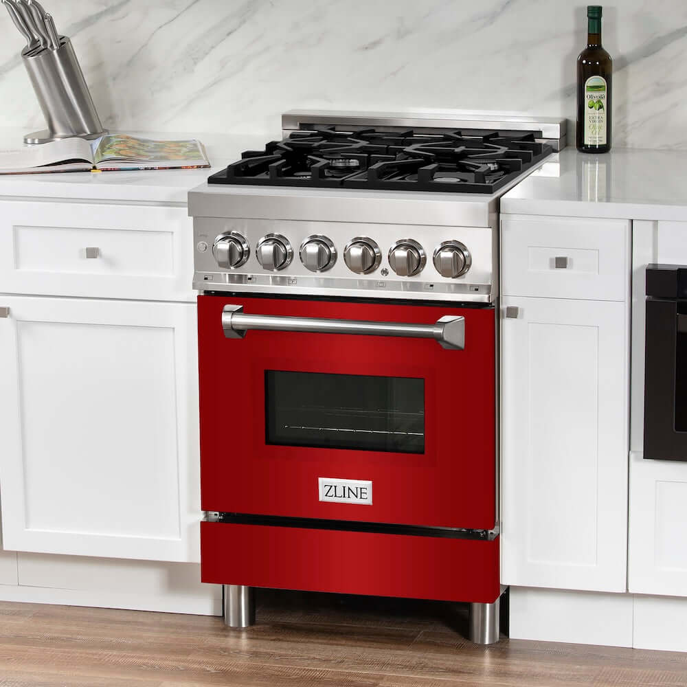 ZLINE 24 in. 2.8 cu. ft. Legacy Dual Fuel Range with 4 Burner Gas Cooktop and Electric Convection Oven in Stainless Steel and Red Gloss Door (RA-RG-24) in a luxury white kitchen.