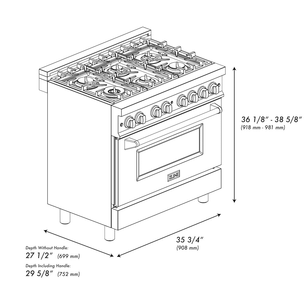 ZLINE 36 in. 4.6 cu. ft. Legacy Dual Fuel Range with 6 Burner Gas Cooktop and Electric Convection Oven in Stainless Steel and Red Gloss Door (RA-RG-36) dimensional diagram.