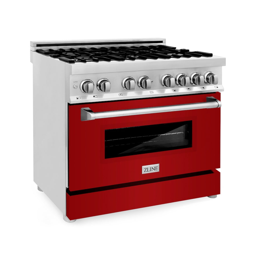 ZLINE 36 in. Kitchen Package with Stainless Steel Dual Fuel Range with Red Gloss Door and Convertible Vent Range Hood (2KP-RARGRH36)