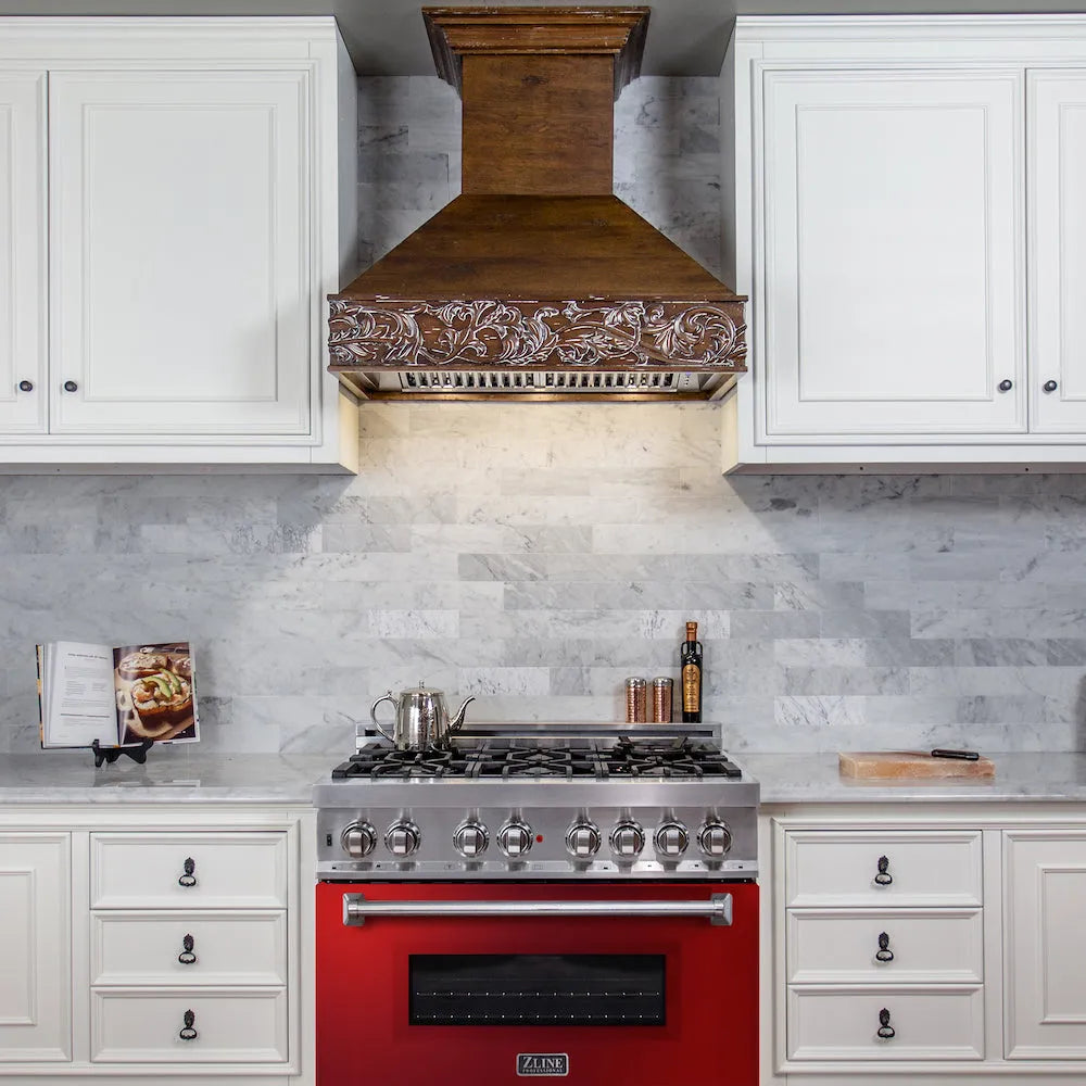 ZLINE 36 in. 4.6 cu. ft. Legacy Dual Fuel Range with 6 Burner Gas Cooktop and Electric Convection Oven in Stainless Steel and Red Gloss Door (RA-RG-36) in a luxury kitchen.