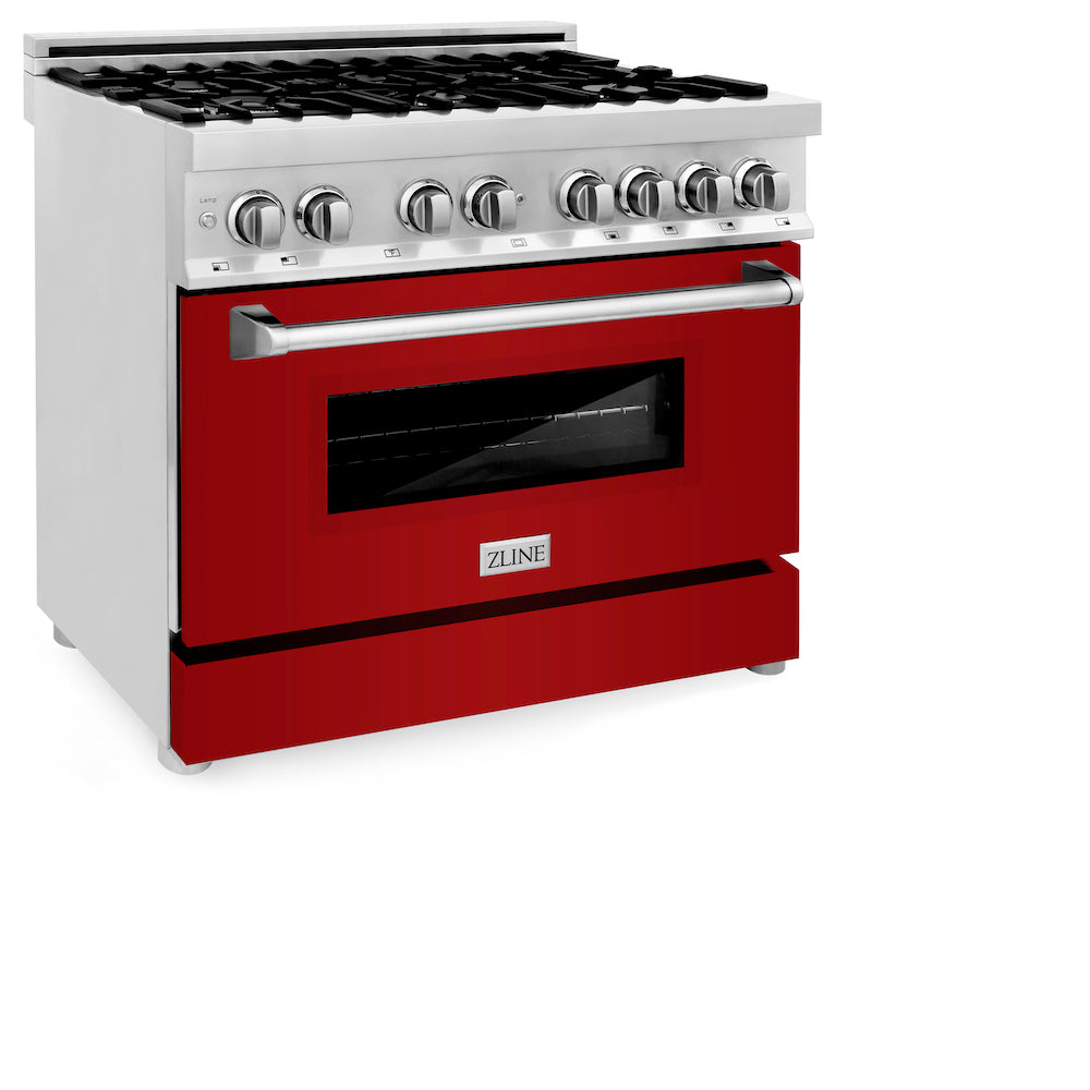 ZLINE 36 in. Dual Fuel Range with Gas Stove and Electric Oven in Stainless Steel with Red Gloss Door (RA-RG-36) side, oven closed.