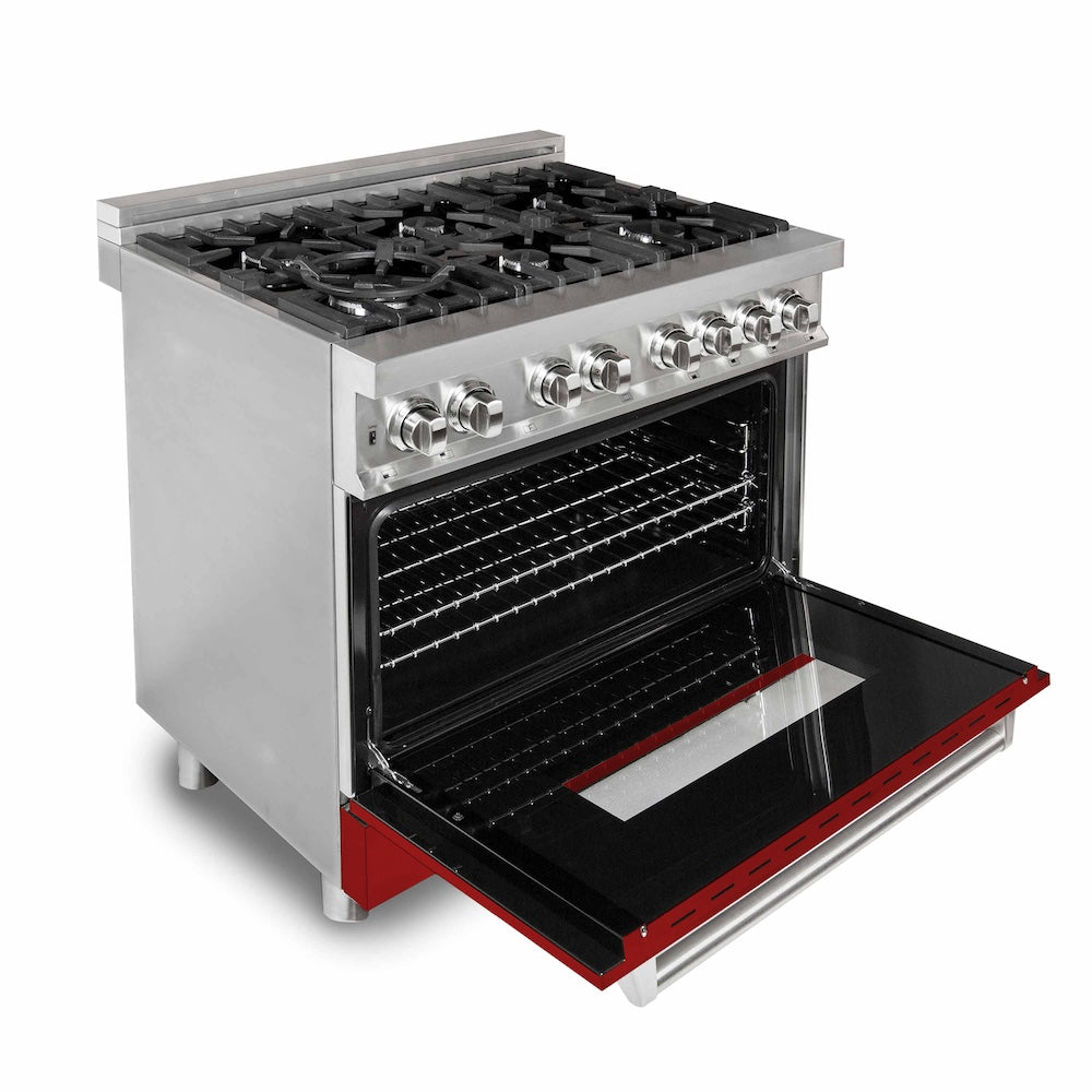 ZLINE 36 in. Kitchen Package with Stainless Steel Dual Fuel Range with Red Gloss Door and Convertible Vent Range Hood (2KP-RARGRH36)