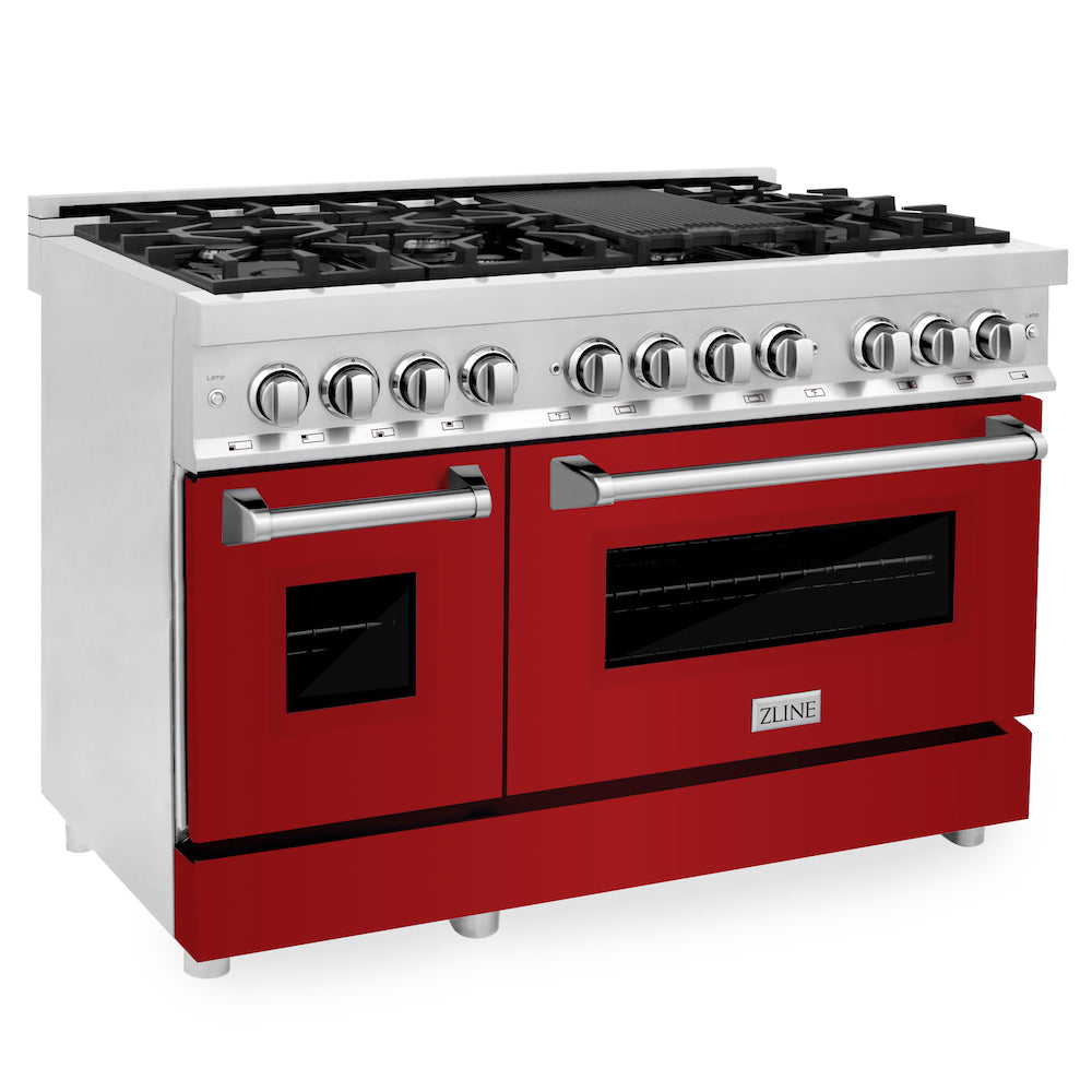 ZLINE 48 in. Professional Dual Fuel Range in Stainless Steel with Red Gloss Doors (RA-RG-48)