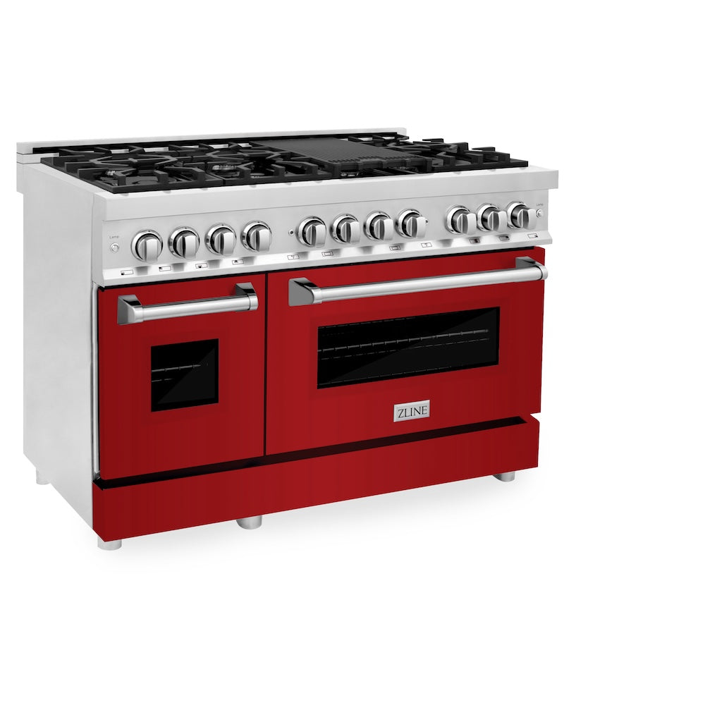 ZLINE 48 in. Kitchen Package with Stainless Steel Dual Fuel Range with Red Gloss Door and Convertible Vent Range Hood (2KP-RARGRH48)