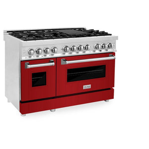 ZLINE 48 in. Kitchen Package with Stainless Steel Dual Fuel Range with Red Gloss Door and Convertible Vent Range Hood (2KP-RARGRH48)