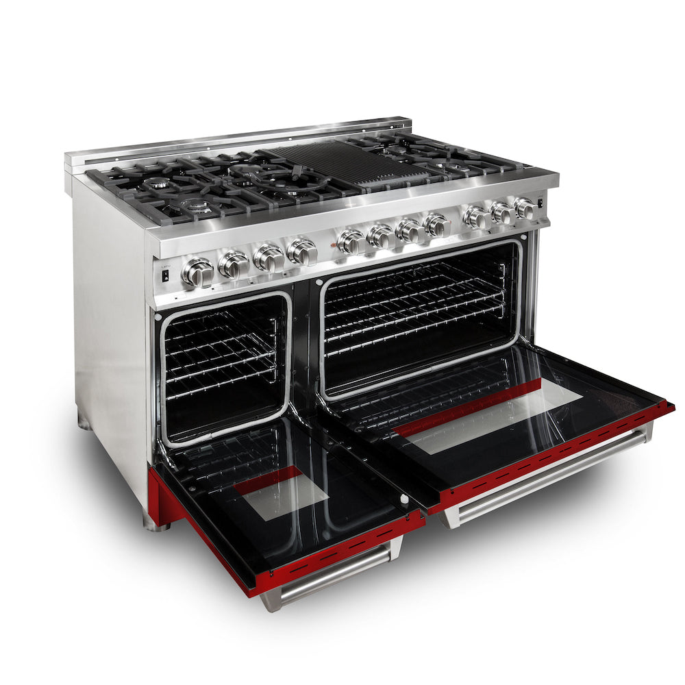 ZLINE 48 in. 6.0 cu. ft. Legacy Dual Fuel Range with 7 Burner Gas Cooktop and 2 Electric Ovens in Stainless Steel and Red Gloss Doors (RA-RG-48) side, oven open.
