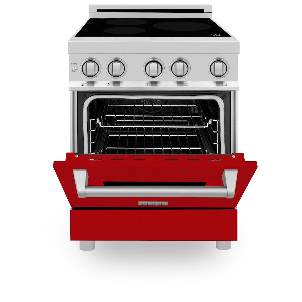 ZLINE 24 in. 2.8 cu. ft. Legacy Induction Range with 4 Element Cooktop and Electric Oven in Stainless Steel and Red Gloss Door, Open Box-Good Condition