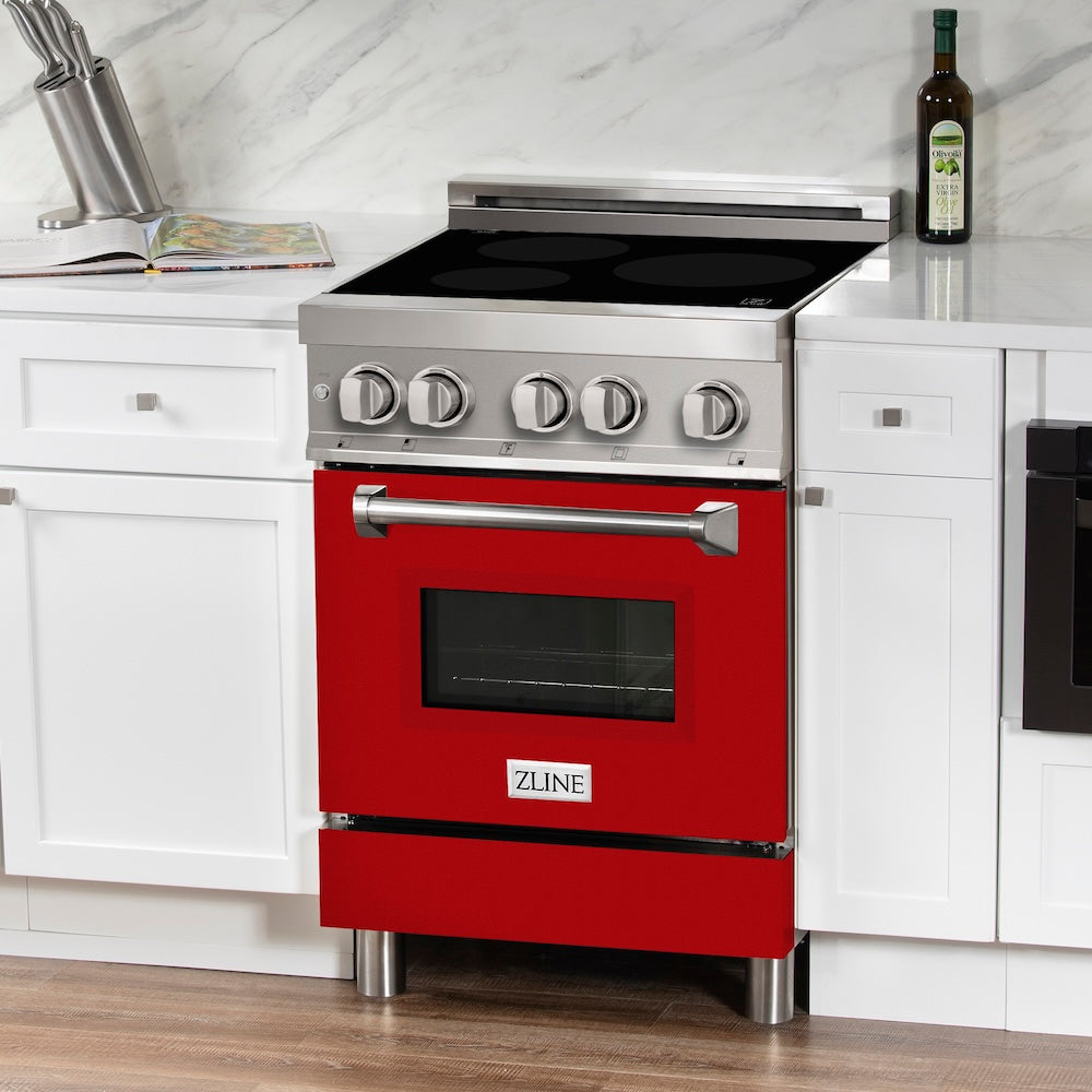 ZLINE 24 in. 2.8 cu. ft. Legacy Induction Range with 4 Element Cooktop and Electric Oven in Stainless Steel and Red Gloss Door, Open Box-Good Condition