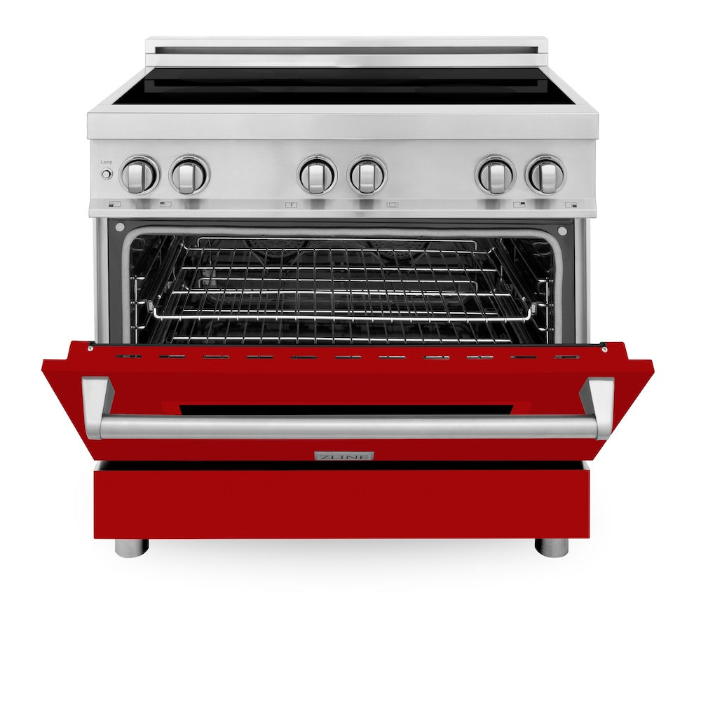 ZLINE 36 in. 4.6 cu. ft. Legacy Induction Range with 5 Element Cooktop and Electric Oven in Stainless Steel and Red Gloss Door, Open Box-Good Condition