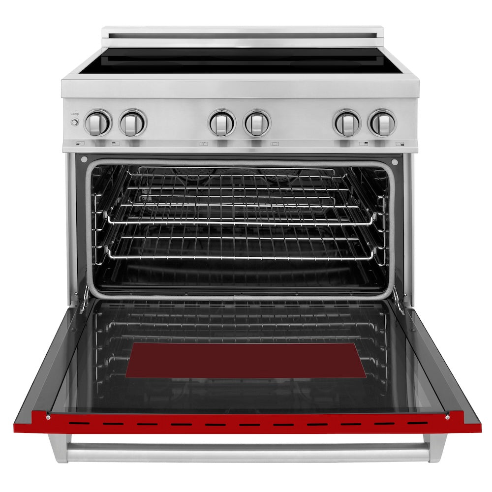ZLINE 36 in. 4.6 cu. ft. Legacy Induction Range with 5 Element Cooktop and Electric Oven in Stainless Steel and Red Gloss Door, Open Box-Good Condition