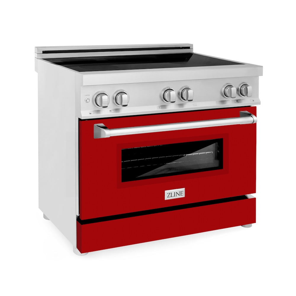 ZLINE 36 in. 4.6 cu. ft. Legacy Induction Range with 5 Element Cooktop and Electric Oven in Stainless Steel and Red Gloss Door, Open Box-Good Condition
