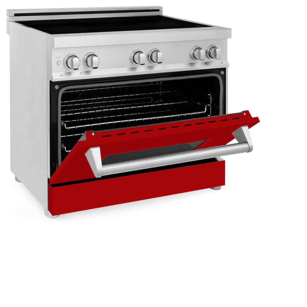 ZLINE 36 in. 4.6 cu. ft. Legacy Induction Range with 5 Element Cooktop and Electric Oven in Stainless Steel and Red Gloss Door, Open Box-Good Condition