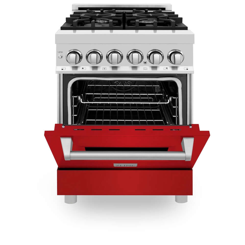 ZLINE 24 in. 2.8 cu. ft. Legacy Dual Fuel Range with 4 Burner Gas Cooktop and Electric Convection Oven in Stainless Steel and Red Matte Door (RA-RM-24) front, oven half open.