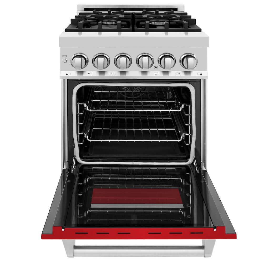 ZLINE 24 in. 2.8 cu. ft. Legacy Dual Fuel Range with 4 Burner Gas Cooktop and Electric Convection Oven in Stainless Steel and Red Matte Door (RA-RM-24) front, oven open.