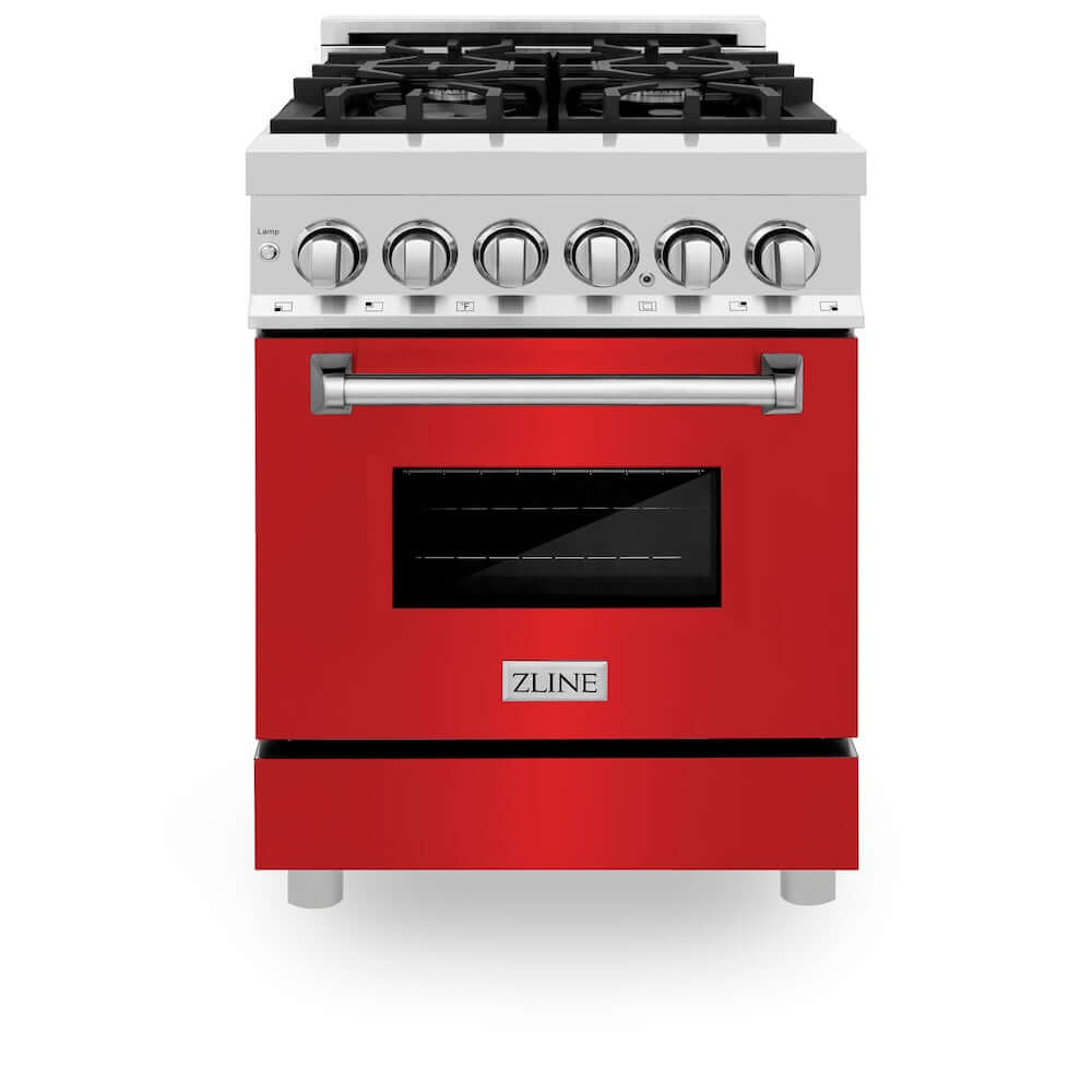 ZLINE 24 in. 2.8 cu. ft. Dual Fuel Range with Gas Stove and Electric Oven in Stainless Steel and Red Matte Door (RA-RM-24) front, oven closed.