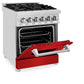 ZLINE 24 in. 2.8 cu. ft. Legacy Dual Fuel Range with 4 Burner Gas Cooktop and Electric Convection Oven in Stainless Steel and Red Matte Door (RA-RM-24) side, oven half open.