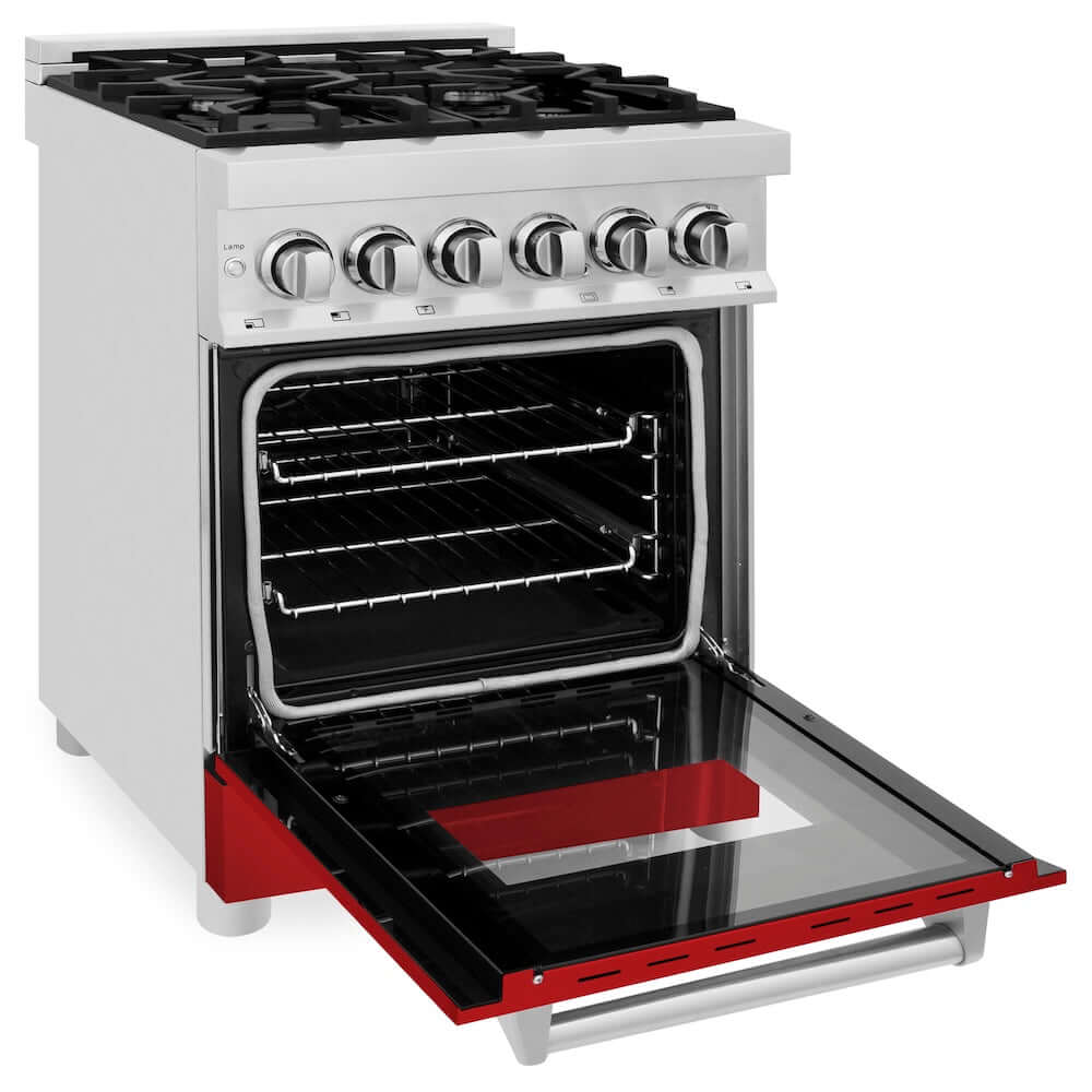 ZLINE 24 in. 2.8 cu. ft. Legacy Dual Fuel Range with 4 Burner Gas Cooktop and Electric Convection Oven in Stainless Steel and Red Matte Door (RA-RM-24) side, oven open.