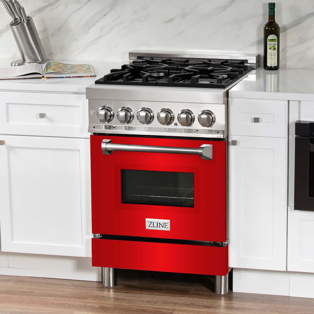 ZLINE 24 in. 2.8 cu. ft. Legacy Dual Fuel Range with 4 Burner Gas Cooktop and Electric Convection Oven in Stainless Steel and Red Matte Door (RA-RM-24) in a luxury white kitchen.