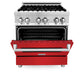 ZLINE 30 in. 4.0 cu. ft. Legacy Dual Fuel Range with 4 Burner Gas Cooktop and Electric Convection Oven in Stainless Steel and Red Matte Door (RA-RM-30) front, oven half open.