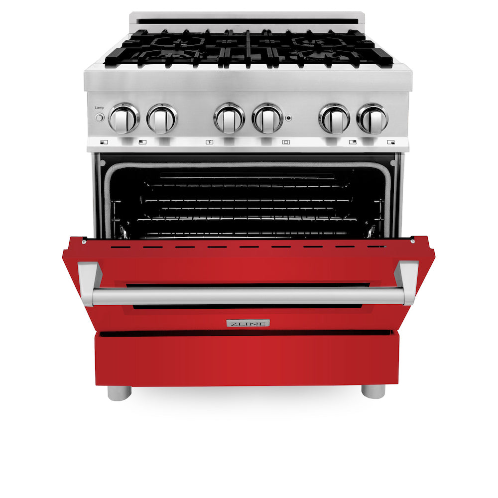 ZLINE 30 in. 4.0 cu. ft. Legacy Dual Fuel Range with 4 Burner Gas Cooktop and Electric Convection Oven in Stainless Steel and Red Matte Door (RA-RM-30) front, oven half open.