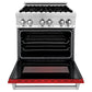ZLINE 30 in. 4.0 cu. ft. Legacy Dual Fuel Range with 4 Burner Gas Cooktop and Electric Convection Oven in Stainless Steel and Red Matte Door (RA-RM-30) front, oven open.