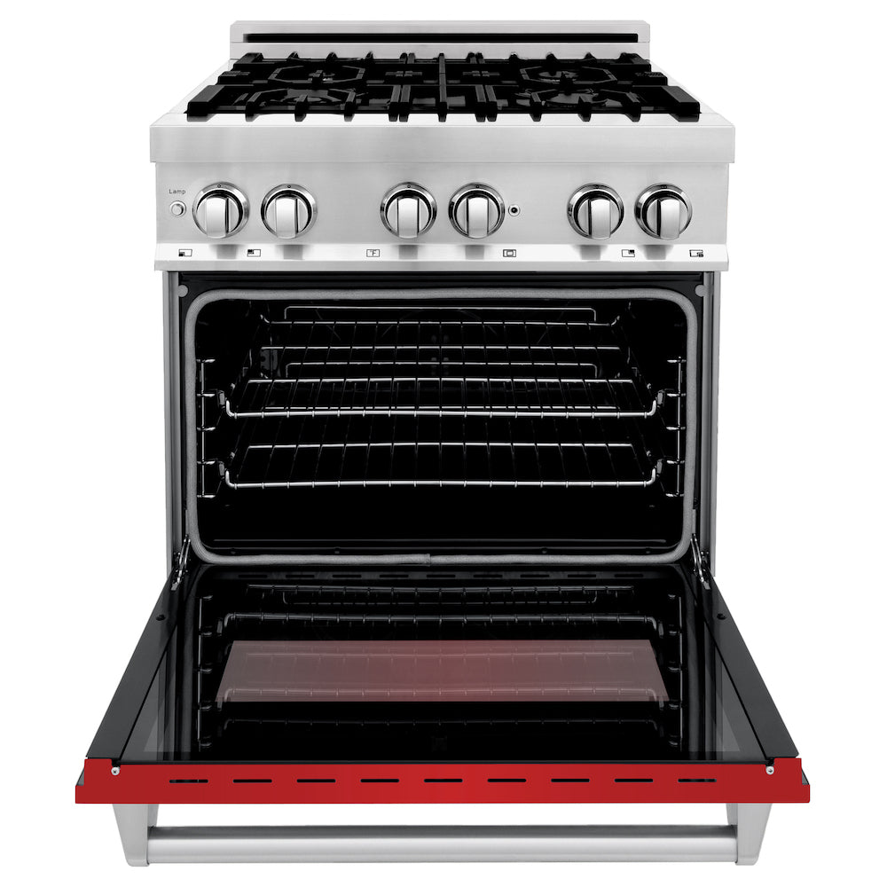 ZLINE 30 in. 4.0 cu. ft. Legacy Dual Fuel Range with 4 Burner Gas Cooktop and Electric Convection Oven in Stainless Steel and Red Matte Door (RA-RM-30) front, oven open.