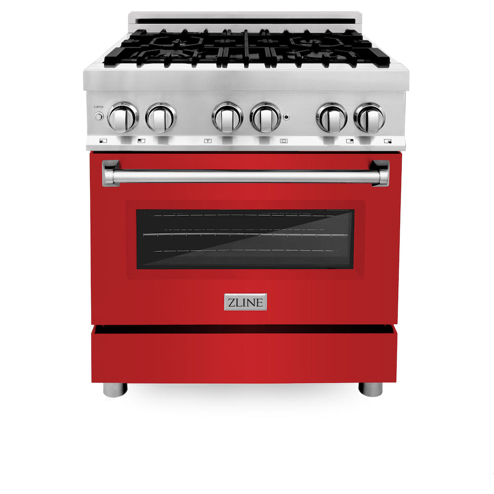 ZLINE 30 in. 4.0 cu. ft. Legacy Dual Fuel Range with 4 Burner Gas Cooktop and Electric Convection Oven in Stainless Steel and Red Matte Door (RA-RM-30) front, oven closed.