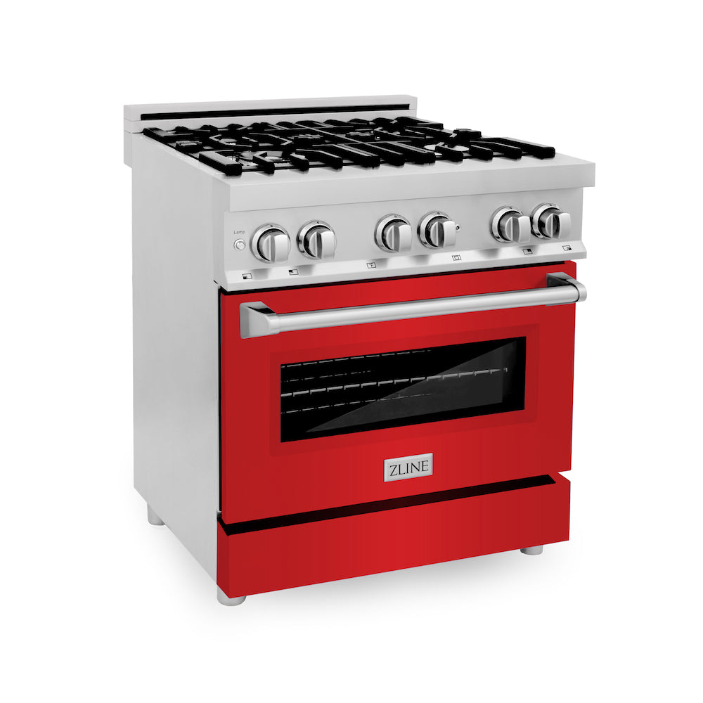 ZLINE 30 in. 4.0 cu. ft. Legacy Dual Fuel Range with 4 Burner Gas Cooktop and Electric Convection Oven in Stainless Steel and Red Matte Door (RA-RM-30) main image.