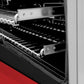 ZLINE 30 in. 4.0 cu. ft. Legacy Dual Fuel Range with 4 Burner Gas Cooktop and Electric Convection Oven in Stainless Steel and Red Matte Door (RA-RM-30) oven door open close-up.