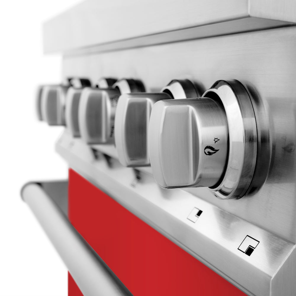 ZLINE 30 in. 4.0 cu. ft. Legacy Dual Fuel Range with 4 Burner Gas Cooktop and Electric Convection Oven in Stainless Steel and Red Matte Door (RA-RM-30) knobs.