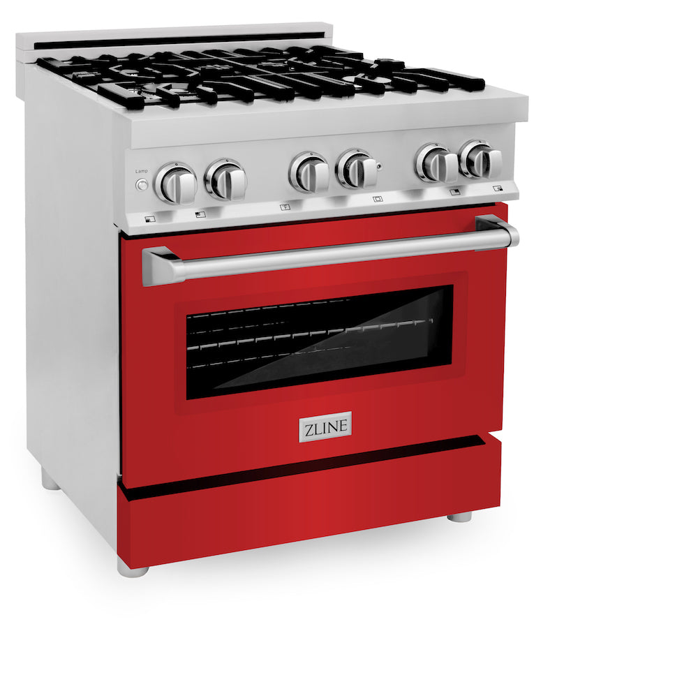 ZLINE 30 in. 4.0 cu. ft. Legacy Dual Fuel Range with 4 Burner Gas Cooktop and Electric Convection Oven in Stainless Steel and Red Matte Door (RA-RM-30) side, oven closed.