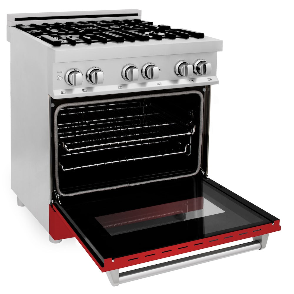 ZLINE 30 in. Kitchen Package with Stainless Steel Dual Fuel Range with Red Matte Door and Convertible Vent Range Hood (2KP-RARMRH30)