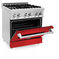 ZLINE 30 in. 4.0 cu. ft. Legacy Dual Fuel Range with 4 Burner Gas Cooktop and Electric Convection Oven in Stainless Steel and Red Matte Door (RA-RM-30) side, oven half open.