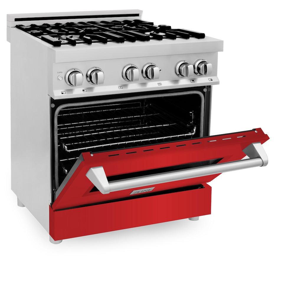 ZLINE 30 in. Kitchen Package with Stainless Steel Dual Fuel Range with Red Matte Door and Convertible Vent Range Hood (2KP-RARMRH30)