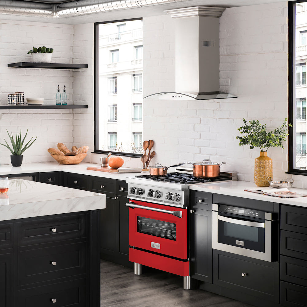ZLINE 30 in. 4.0 cu. ft. Legacy Dual Fuel Range with 4 Burner Gas Cooktop and Electric Convection Oven in Stainless Steel and Red Matte Door (RA-RM-30) in a luxury kitchen.