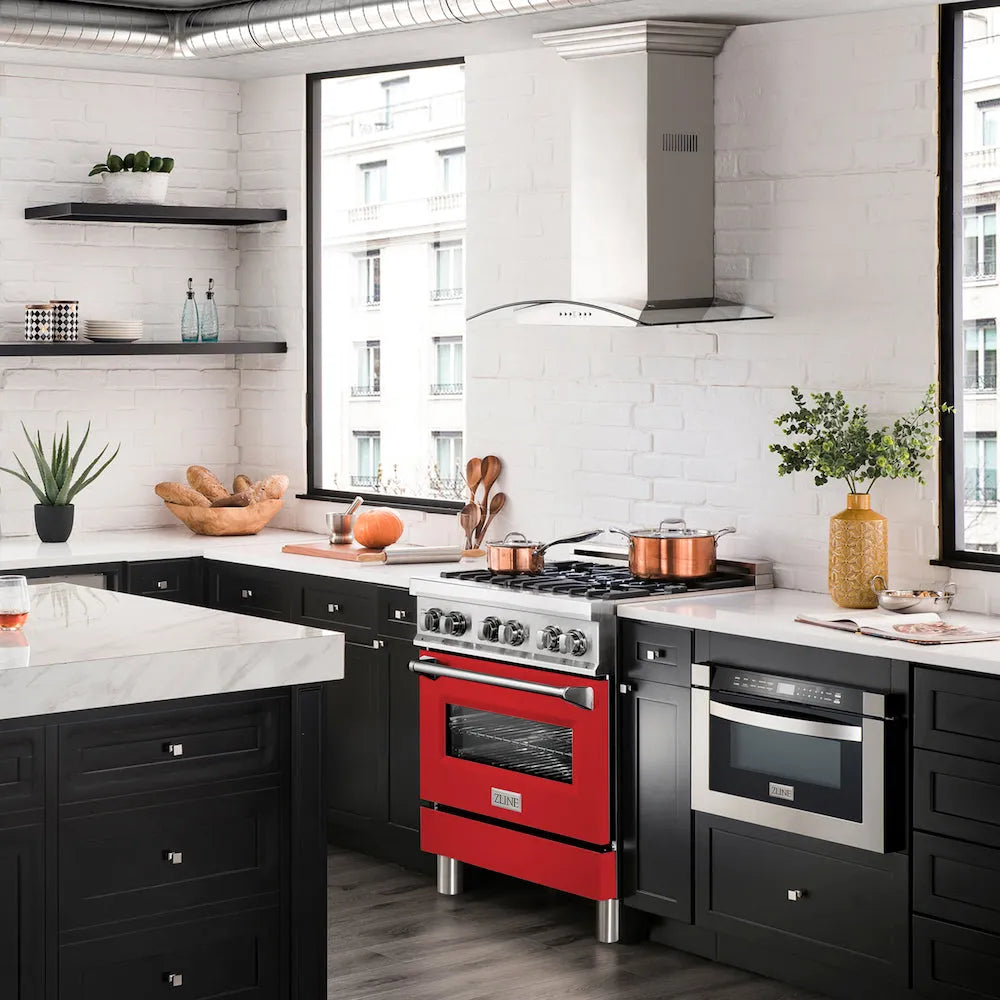 ZLINE 30 in. 4.0 cu. ft. Legacy Dual Fuel Range with 4 Burner Gas Cooktop and Electric Convection Oven in Stainless Steel and Red Matte Door (RA-RM-30) in a luxury kitchen.