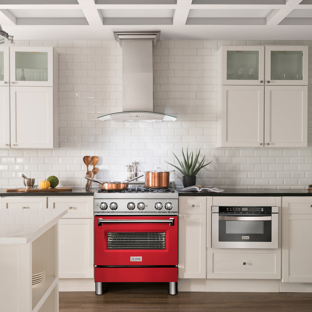 ZLINE 30 in. 4.0 cu. ft. Legacy Dual Fuel Range with 4 Burner Gas Cooktop and Electric Convection Oven in Stainless Steel and Red Matte Door (RA-RM-30) in a luxury kitchen.