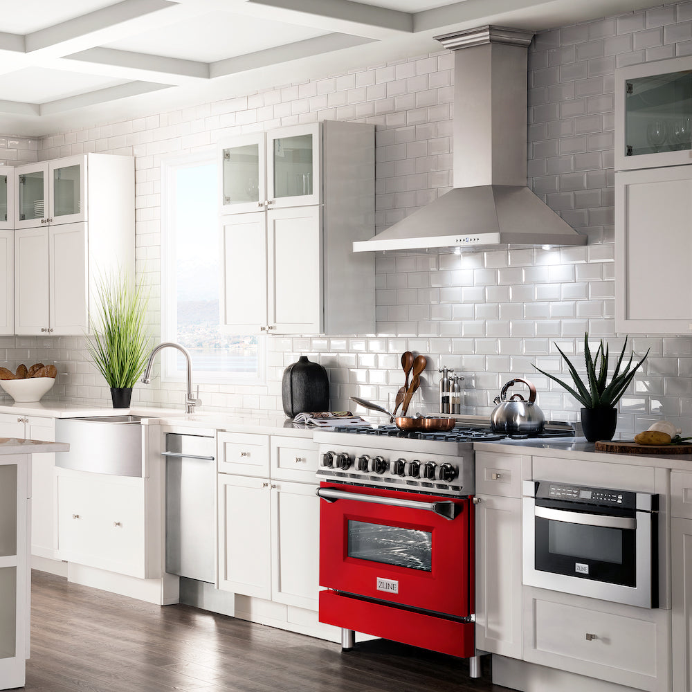 ZLINE 36 in. 4.6 cu. ft. Legacy Dual Fuel Range with 6 Burner Gas Cooktop and Electric Convection Oven in Stainless Steel and Red Matte Door (RA-RM-36) in a luxury kitchen.