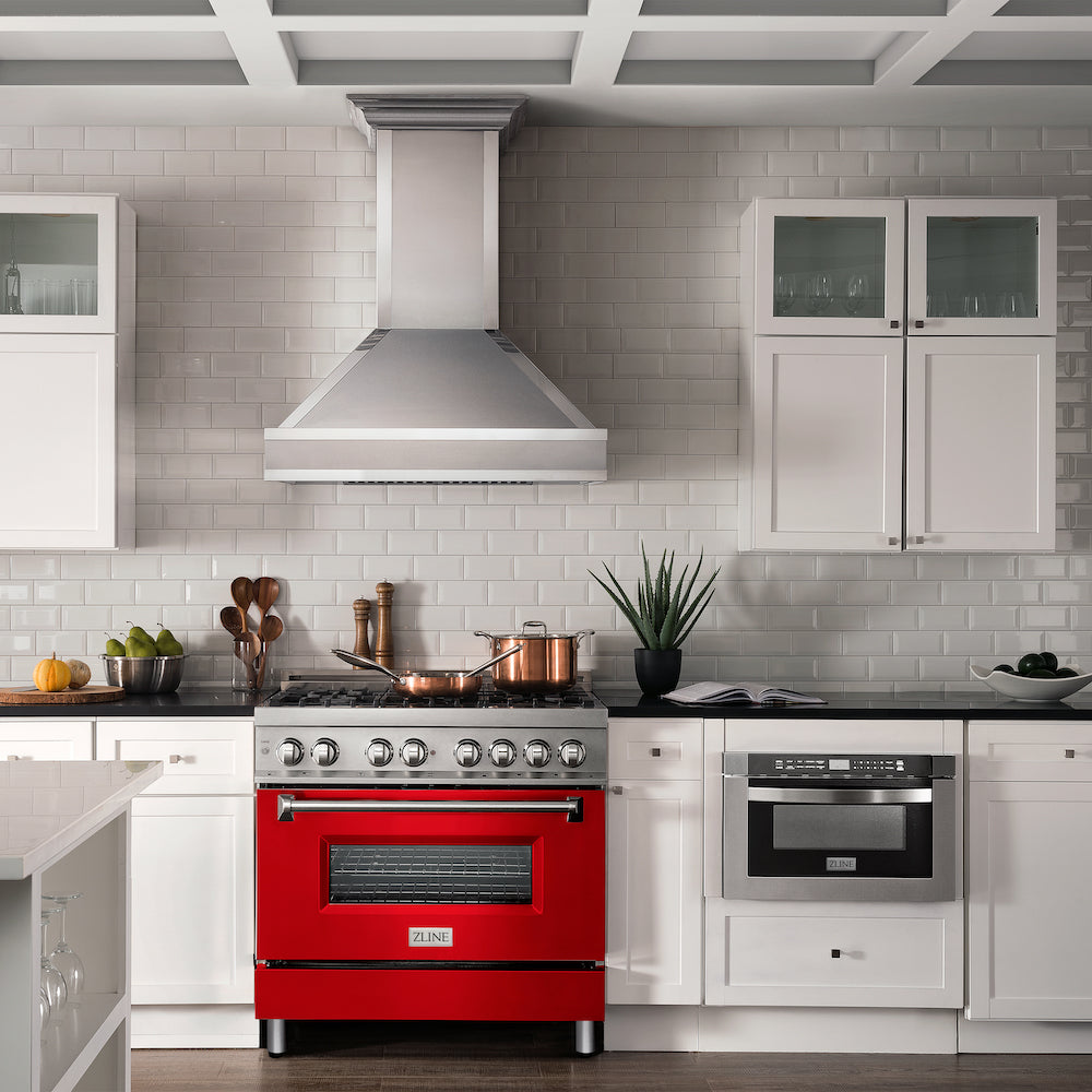 ZLINE 36 in. 4.6 cu. ft. Legacy Dual Fuel Range with 6 Burner Gas Cooktop and Electric Convection Oven in Stainless Steel and Red Matte Door (RA-RM-36) in a luxury kitchen.