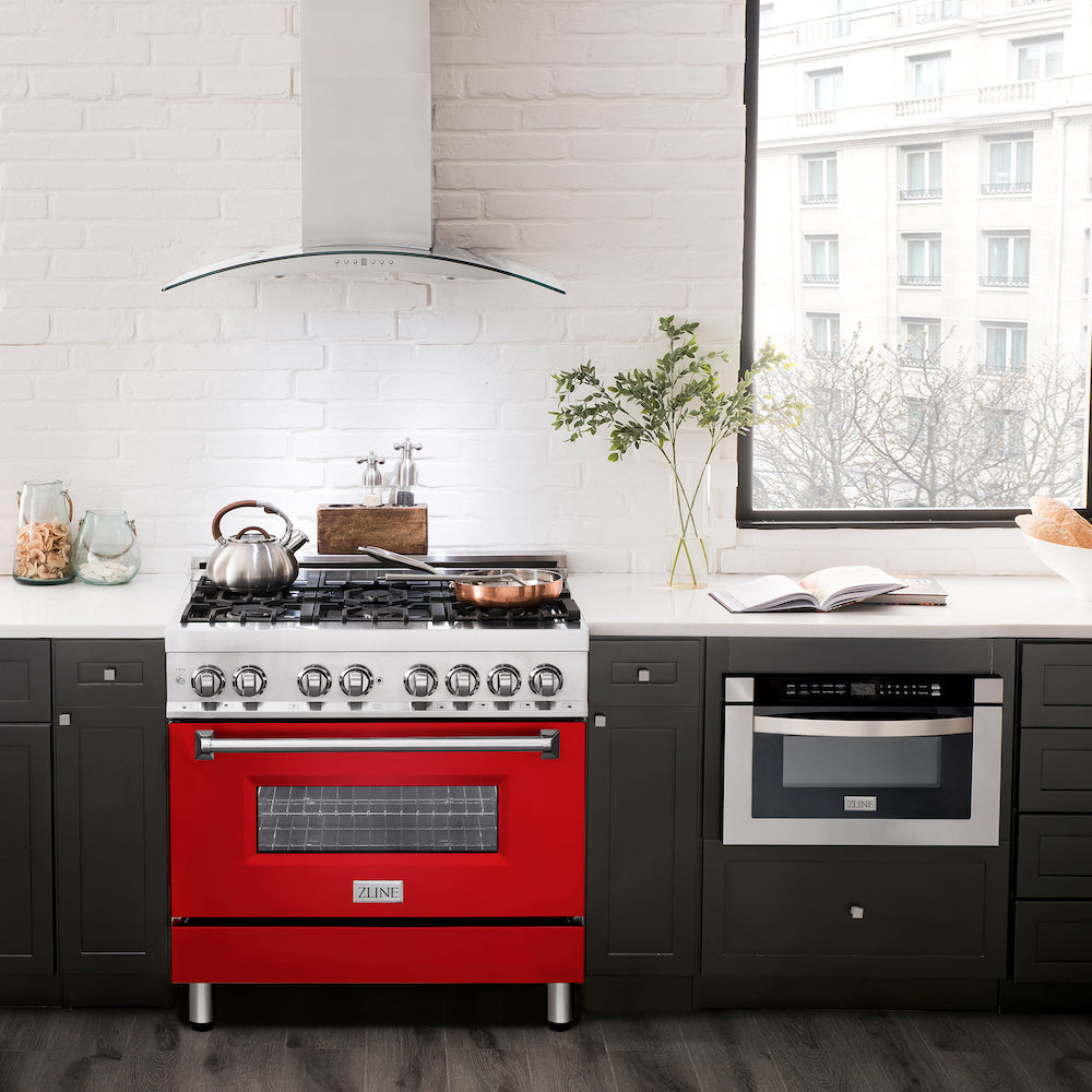 ZLINE 36 in. 4.6 cu. ft. Legacy Dual Fuel Range with 6 Burner Gas Cooktop and Electric Convection Oven in Stainless Steel and Red Matte Door (RA-RM-36) in a luxury kitchen.