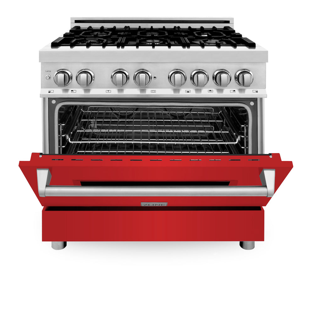 ZLINE 36 in. Dual Fuel Range with Gas Stove and Electric Oven in Stainless Steel with Red Matte Door (RA-RM-36) front, oven half open.