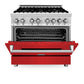 ZLINE 36 in. 4.6 cu. ft. Legacy Dual Fuel Range with 6 Burner Gas Cooktop and Electric Convection Oven in Stainless Steel and Red Matte Door (RA-RM-36) front, oven half open.