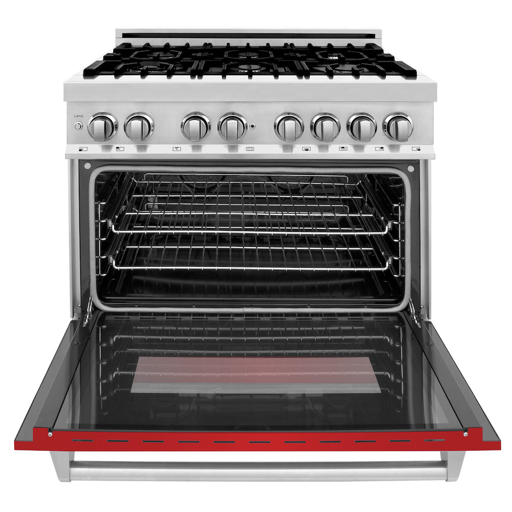 ZLINE 36 in. Dual Fuel Range with Gas Stove and Electric Oven in Stainless Steel with Red Matte Door (RA-RM-36) front, oven open.