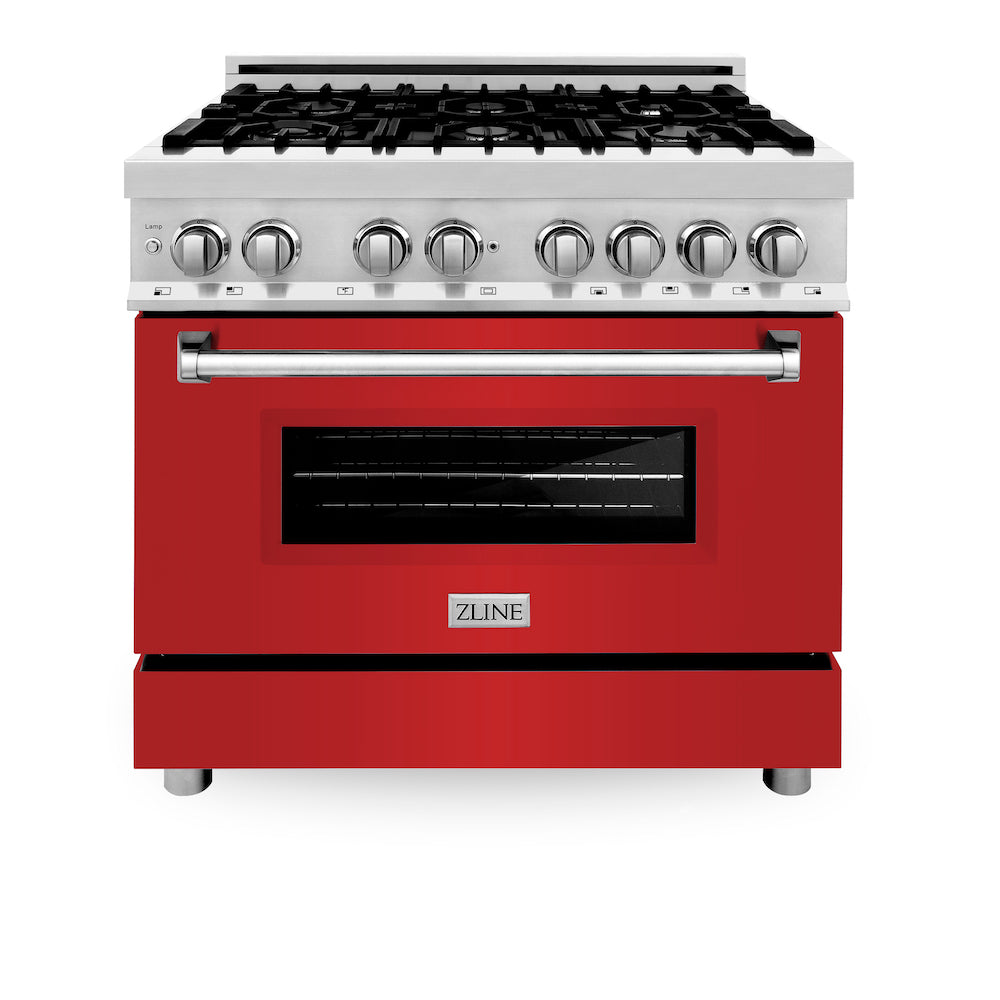 ZLINE 36 in. Dual Fuel Range with Gas Stove and Electric Oven in Stainless Steel with Red Matte Door (RA-RM-36) front, oven closed.