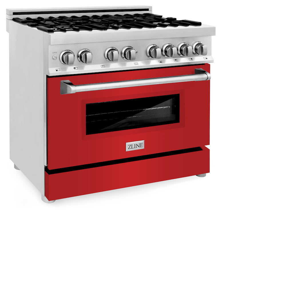ZLINE 36 in. Dual Fuel Range with Gas Stove and Electric Oven in Stainless Steel with Red Matte Door (RA-RM-36) side, oven closed.