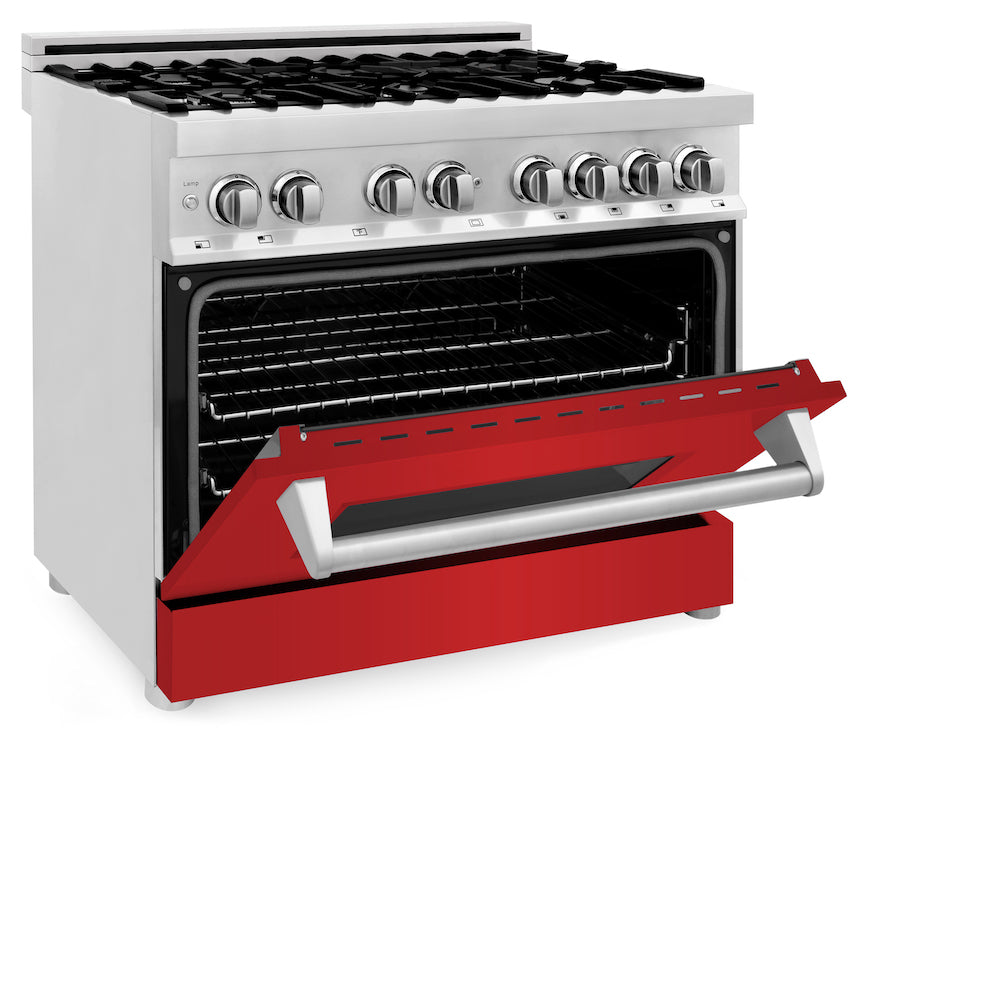 ZLINE 36 in. Dual Fuel Range with Gas Stove and Electric Oven in Stainless Steel with Red Matte Door (RA-RM-36) side, oven half open.