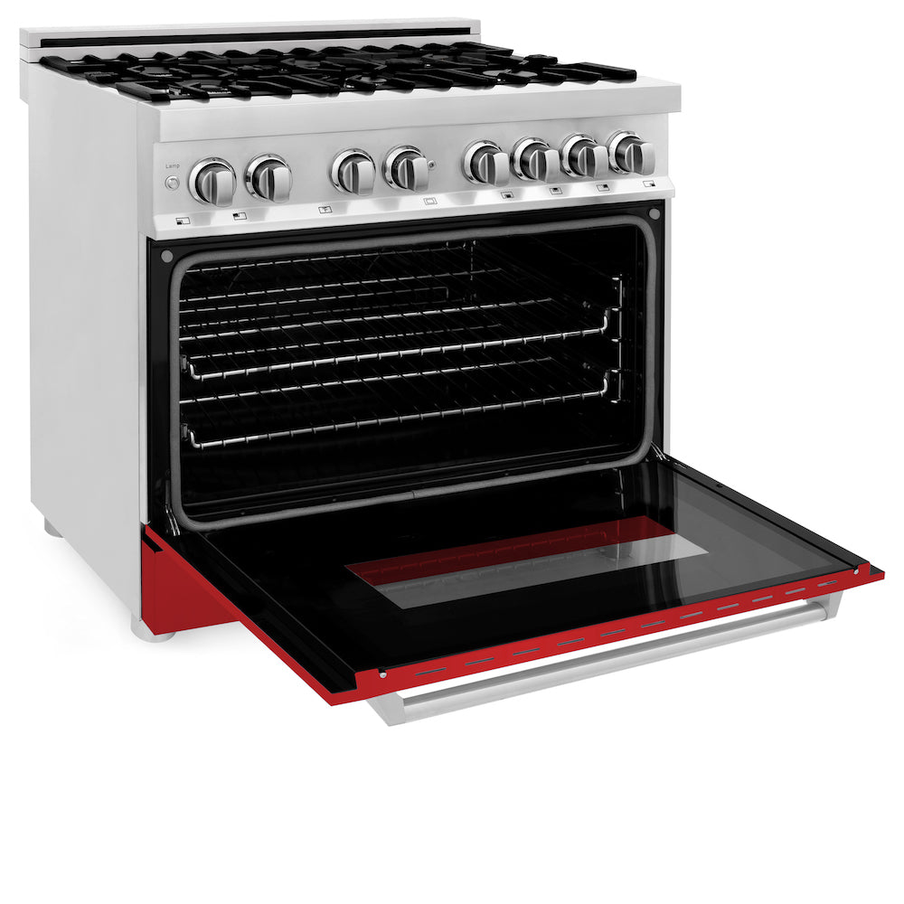 ZLINE 36 in. Dual Fuel Range with Gas Stove and Electric Oven in Stainless Steel with Red Matte Door (RA-RM-36) side, oven open.