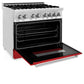ZLINE 36 in. 4.6 cu. ft. Legacy Dual Fuel Range with 6 Burner Gas Cooktop and Electric Convection Oven in Stainless Steel and Red Matte Door (RA-RM-36) side, oven open.
